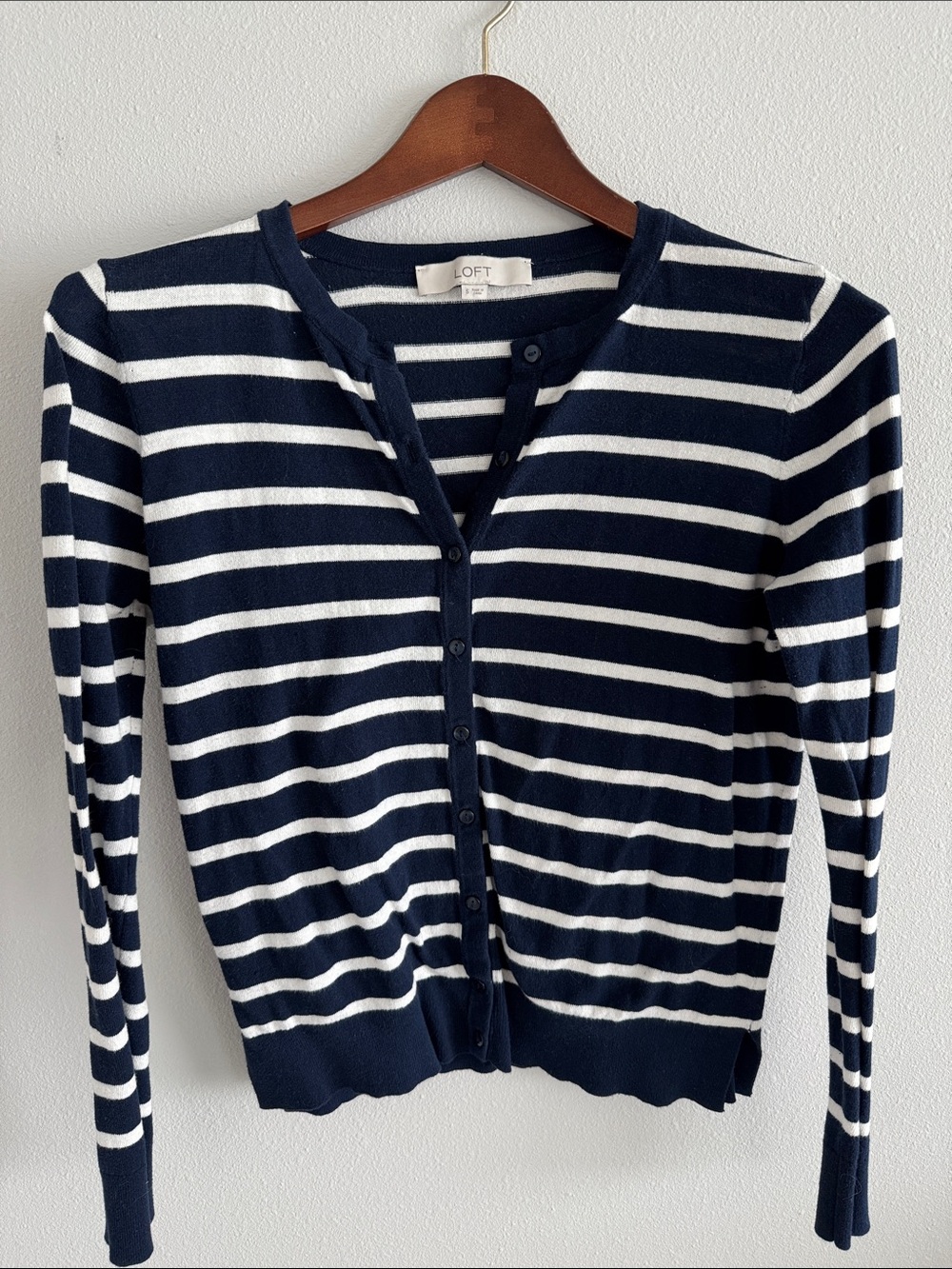 LOFT Navy and White Striped Button-Front Cardigan